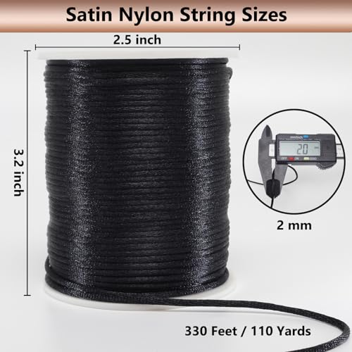 LUSTEMBER 2 mm x 330 Feet Satin Nylon Cord, Silky Smooth Nylon String for Jewelry Making Bracelet Necklaces Beading Thread Rattail Macrame Kumihimo Chinese Knot Craft - size: Black