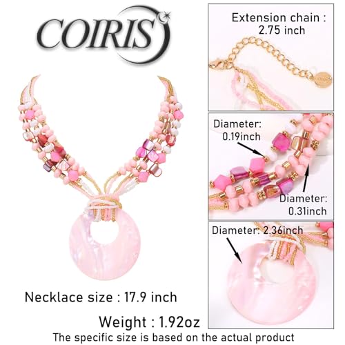 Coiris Shell Pendant Statement Strand Necklace for Women Boho Multi Beads Natural Stone Colorful Necklace Bohemian Handmade Chunky Shell Beaded Collar Jewelry for Women - color: Pink