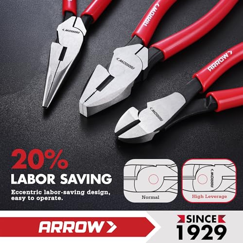 ARROW 3PCS Pliers Set, 8" Needle Nose Pliers, 7" Diagonal Plier, 8" Linesman with Non-slip Handle, Premium Carbon Steel, High Leverage Design - style: 8" Needle Nose/7" Diagonal/8" Linesman