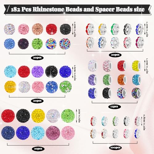 HUISUYTON 182 Pcs Beads for Pens, Beadable Pen Beads, 12/16/20mm Rhinestone Bead with Spacer Bead for Bracelet Necklace Earring Jewelry Pen Making - color: 182 PCS Rhinestone Beads Set