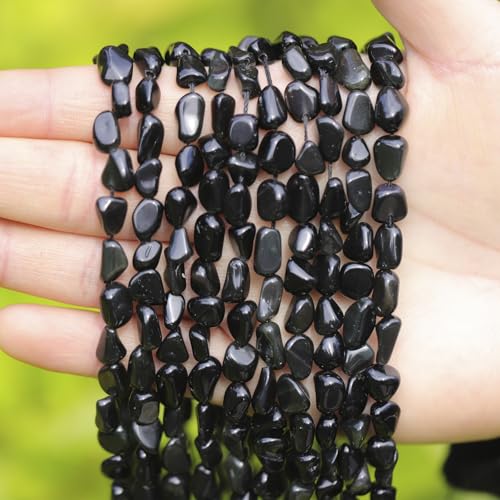 Natural Stone Beads 6-8mm Obsidian Oval Irregular Freeform Tumbled Loose Gemstone Beads for Jewelry Making 15 Inch Strand 50-55 Pcs - color: Obsidian-1 strand15”-approx. 55 beads