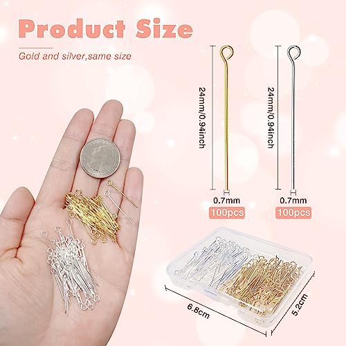 TOAOB 200pcs 24mm Eye Pins for Jewelry Making Gold Silver Brass Wire Open Head Pins Findings for DIY Crafts Necklaces Bracelets Earrings - size: 24mm