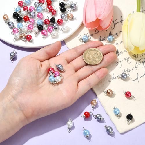 Ipotkitt 100 Pcs Colorful Pearlized Glass Pearl Charms Two Hole Round Links Charms End Drop Bead Connectors for DIY Jewelry Making - color: 100pcs-Glass Pearl Links-17x8mm