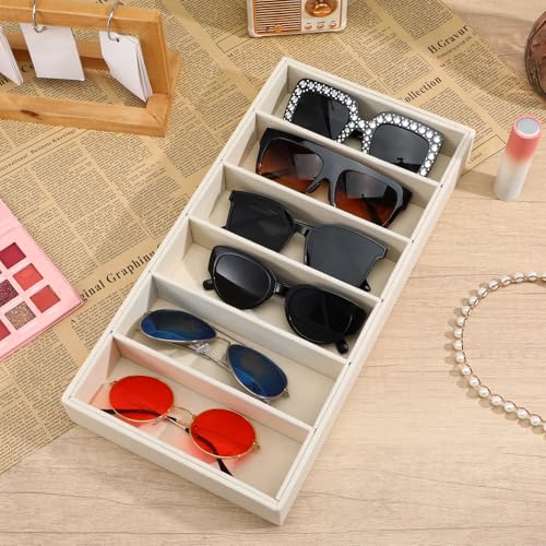 2 Pack Sunglasses Organizer Tray 6 Grid Jewelry Glasses Holder Storage Organizer Drawer Eyeglasses Sunglasses Display Velvet Tray for Women Glasses Jewelry Display Watch (Beige)