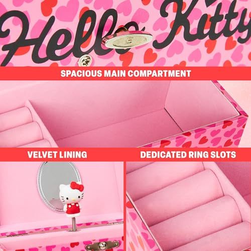 Hello Kitty Sanrio Musical Jewelry Box for Girls Teens Women Kawaii Wind Up Music Box Jewelry Organizer Ring Holder Gifts for Women (Pink - style: Pink Hello Kitty