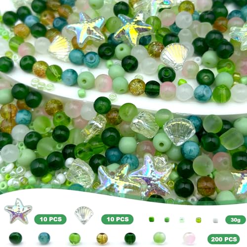 6mm Glass Beads, 580Pcs Crystal Bead, Starfish, Shell Shaped and Seed Beads, Green Assorted Round Crystal Loose Bead for St. Patrick's Day, Jewelry Making, DIY Craft - size: 6mm
