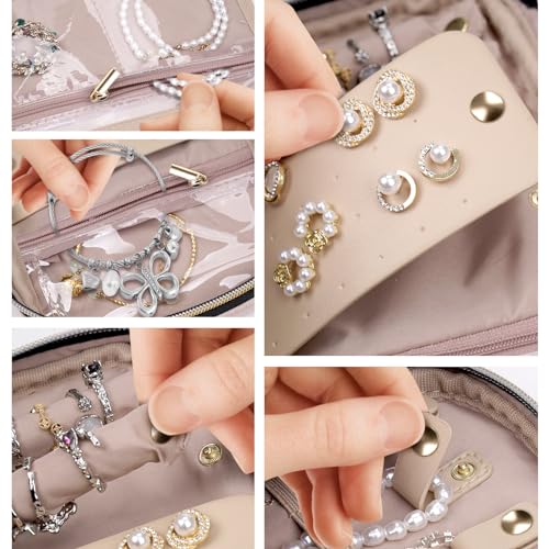 Jewelry Travel Case Organizer for Necklaces, Earrings, Rings, Bracelet, Watch, Soft Sided, Red Sandalwood - color: Rosewood Pink