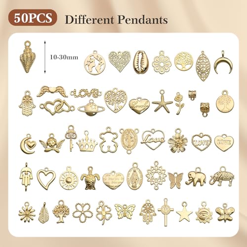 14k Gold Necklace Chain for Jewelry Making, 16.6 Feet Total (5 Rolls) DIY Bracelet Chains with 300 Jump Rings, 50 Lobster Clasps, 1 Jewelry Pliers,1 Support Ring and 50 Pendants - color: 14K Gold-16.6Feet 5 Rolls+Pendants