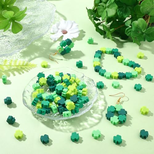 SUNNYCLUE 1 Box 300pcs St. Patrick's Day Clover Beads Lucky Clover Beads Good Luck Shamrock Irish Green Three Leaf Shape Clay Loose Spacers for Jewelry Making Supplies Birthday Wedding Crafts DIY - style: Style 2