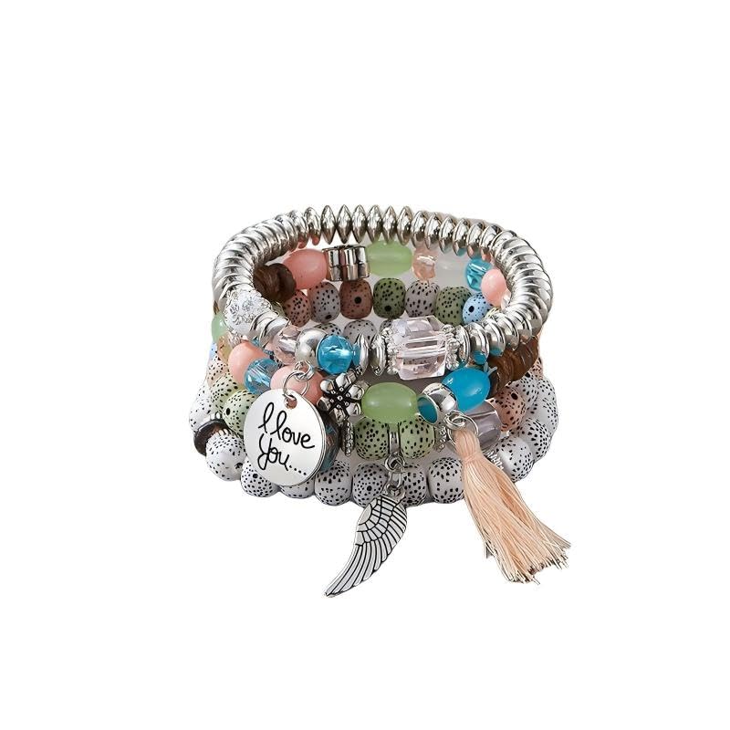 Bohemian Multilayer Beaded Bracelet Set, Colorful Stacked Stretch Bracelets with Tassel and Wing Charm - color: xhy021-7