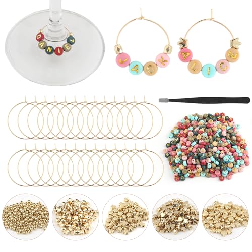 50 Set DIY Wine Glass Charms, 500 Letter Beads 300 Gold Bead Charms 50 Rings for Stem Glasses, Personalized Wine Glass Markers Tags for Wedding Party Decorations (Colorful) - style: Colorful