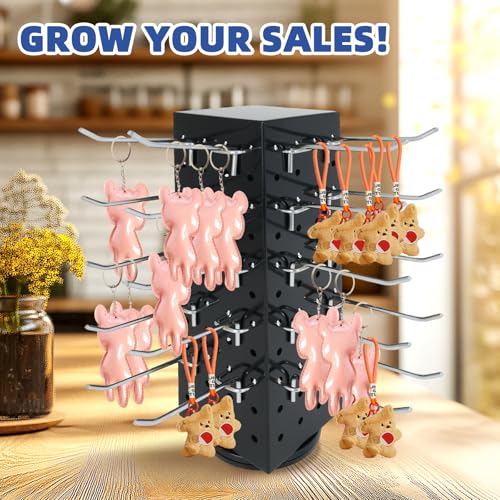 Rotating Pegboard Stand with 20 Peg Hooks 4-Sided Pegboard Spinning Display Stand 4 x 4 x 12 Inches, Keychain Display Stand for Retail Display, Earring Display (Black) - color: Black