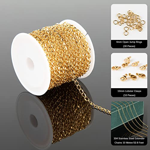 UMAOKANG 32.8 Feet Gold Chains for Jewelry Making, 316 Stainless Steel Extender Chain Links for Necklace Bracelet Making with 10pcs Lobster Clasps and 30pcs Jump Rings - color: Gold Twist