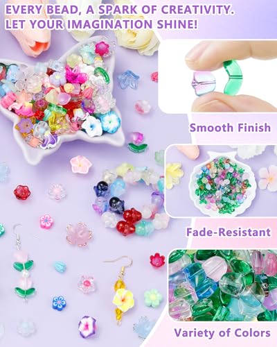 FIVEIZERO 340PCS Glass Tulip Flower Beads, 17 Colors Crystal Floral Bead Charms for Bracelets, Necklaces & DIY Jewelry Making Crafts - color: Glass Tulip
