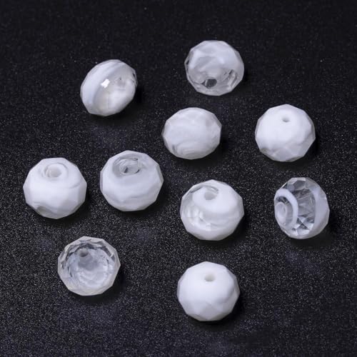 7.5×10mm 50pcs Transparent White Faceted Lampwork Glass Beads for Jewelry Making, Flat Round Handmade Murano Beads for Bracelets, Crafts, Friendship Bracelet Kit, Rosary Making - color: Transparent White