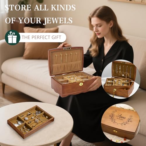 Personalized Wooden Jewelry Box, Customized Double Layer Retro Jewelry Organizer with Lock and Key for Women Girls, Birthday Gift for Her, Artners, Elders, Mom, Friends, Girlfriends and Bridesmaids
