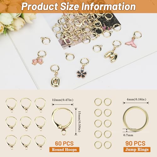 60 pcs 14 K Gold Plated Earring Hooks with 90 Jump Rings Hypoallergenic Tarnish Resistant Huggie Round Hoops for Earring Making - style: 14 K Gold Hoops
