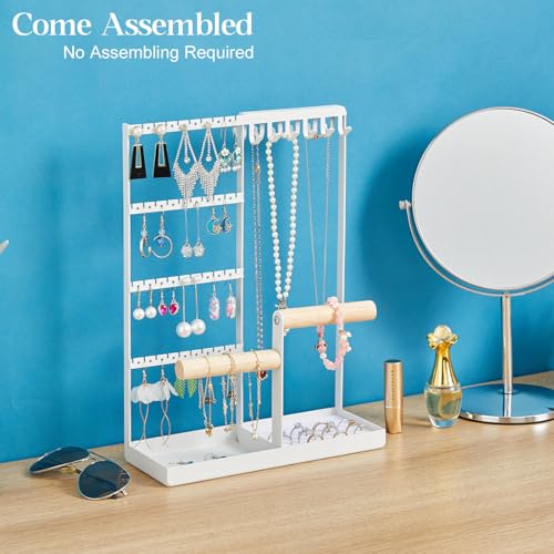 Jewelry Organizer Stand, Jewelry Holder Tree and Storage, Super Large Capacity, 72 Earring Holes, 12 Necklace Hooks, 20 Rings Slot, 2 Bracelet Bars, Assemble Not Required, Size 3.94*9.84*13.78 Inch