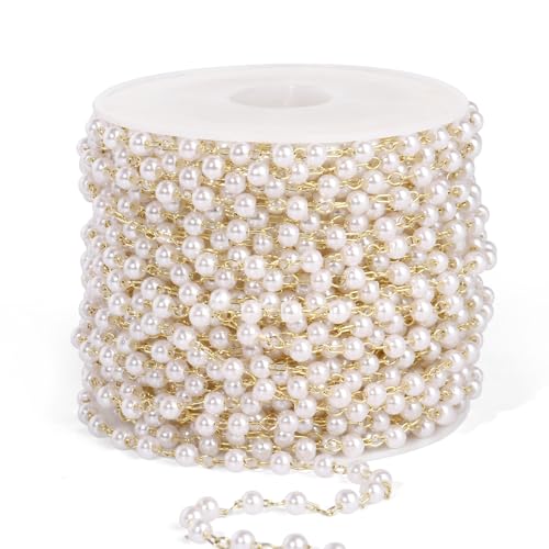 33 Feet Gold Pearl Beads Chains Roll, 4mm Faux Pearls Beaded Gold Plated Brass Cable Link Chain Spool Bulk for Jewelry Making DIY Craft - color: 4.0MM Gold Color