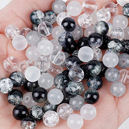 100PCS Glass Beads for Jewelry Making, Mix 8MM Black Crackle Lampwork Glass Beads Aurora Crystal Beads Matte Gemstones Spacer Beads Kits for Crafts Making - color: Black