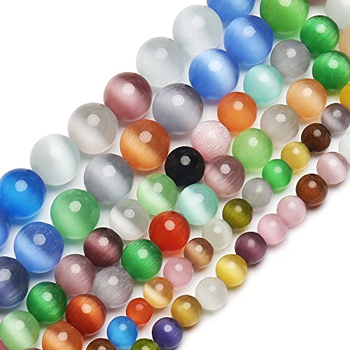 70PCS Natural 8MM Healing Gemstone, Synthetic Cat’s Eye Energy Stone Round Loose Beads, Semi-Precious Crystal Beads with Free Elastic String for Jewelry Making DIY - color: Cat’s Eye, size: 8MM