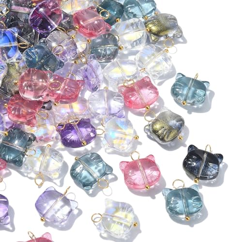Ipotkitt 100 Pcs 5 Colors Glass Cat Head Charms Colorful Crystal Animal Head Kitten Cute Pet Charms with Golden Tone Brass Loops for Jewelry Making - color: 100pcs-Glass Cat Head Charms
