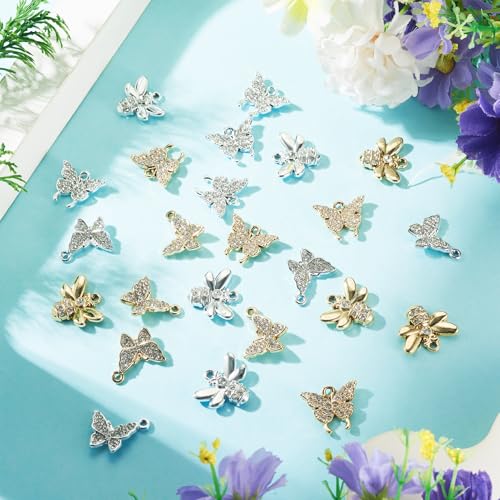 Craftdady Crystal Rhinestone Pendants Butterfly Heart Rhombus Bowknot Earring Charms Alloy Enamel Metal Pendants Light Gold Bracelet Charms for DIY Craft Necklace Jewelry Making - color: Platinum & Golden 6 Styles Butterfly Inset