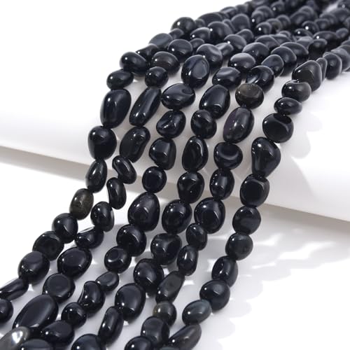 6-8mm Natural Black Obsidian Nuggets Oval Free Tumbled Pebble Semi Precious Gemstone Loose Stone Beads Approx 15.5 inch for DIY Jewelry Making - color: Black Obsidian