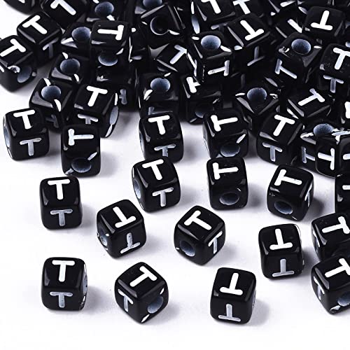 FASHEWELRY 500Pcs Acrylic Cube Letter Beads 5x5x5mm Black Square Letter T Alphabet Beads for DIY Bracelet Necklace Jewelry Making - color: Letter T