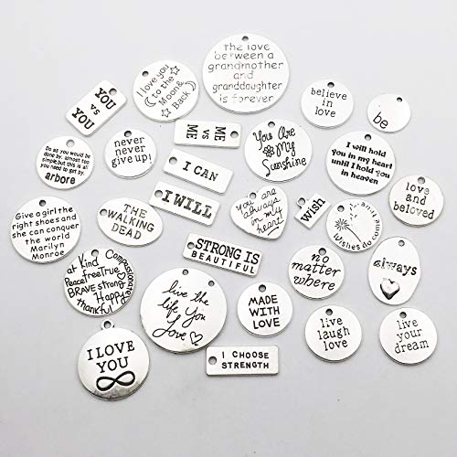 30pcs Inspiration Words Charms Craft Supplies Mixed Pendants Beads Charms Pendants for Crafting Jewelry Findings Making Accessory for DIY Necklace Bracelet (Antique Silver)