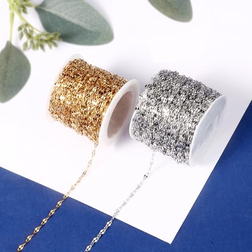 [33FT] 18K Gold PVD Plated Lip Chains for Jewelry Making 2MM Stainless Steel Sparkly Link Chain Bulk for Necklace Bracelet - color: Gold