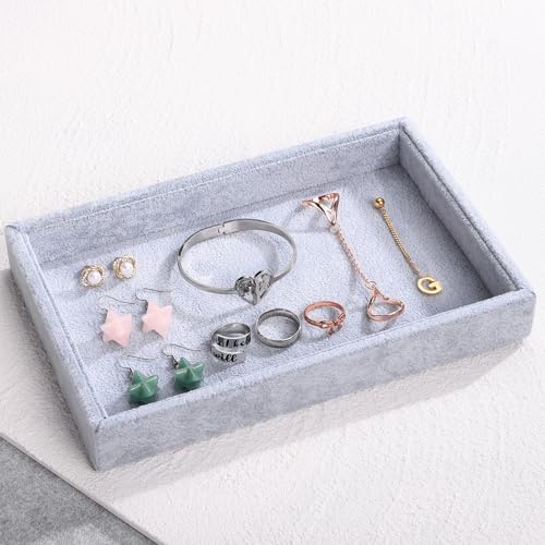 2 Pcs 9" x 5.7" Velvet Jewelry Tray Jewelry Display Tray, Stackable Empty Plate Trays for Earrings Necklaces Bracelet Rings Display Showcase - Grey - color: Grey, size: Flat Tray 9"x5.7"