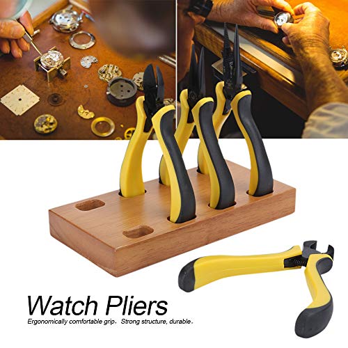 Professional Watch Repair Pliers Set, Precision Diagonal Flat and Pointed Nose Pliers with Wooden Storage Base for Watchmaking and Jewelry Repair