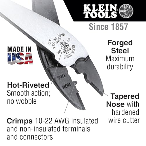 Klein Tools 1005 Cutting/Crimping Tool, Made in USA, Cutter/Crimper for 10-22 AWG Terminals and Connectors, Crimper for Insulated and Non-Insulated Terminals - style: Crimper/Cutter