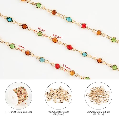 KYUNHOO 5M Colorful Crystal Rhinestones Jewelry Chain Link Gold Plated Brass Chain Bulk for Women Necklace Making Jewelry Supplies DIY Handcrafts with Lobster Clasps and Jump Rings - color: Colorful Bead-Gold