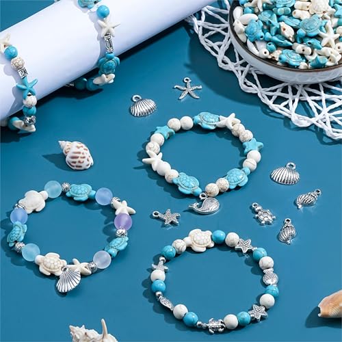 325Pcs Turquoise Sea Turtle Beads Blue and White Starfish Beads Tortoise Turtle Charms Summer Ocean Animal Spacer Bead Shell Bead for Jewelry Making DIY Bracelet Necklace Supplies(Box) - color: Blue and Silver
