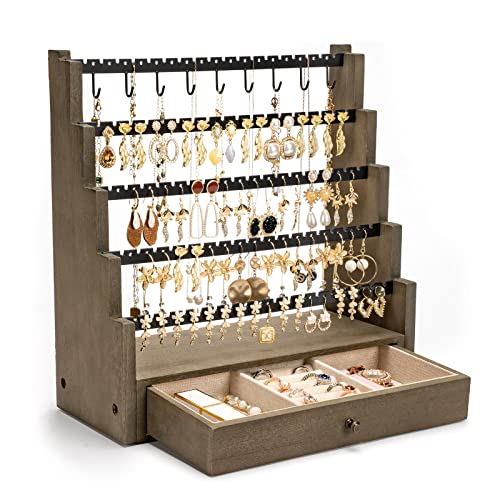 Pinzoveco Earring Organizer, 5 Layer Earring Holder Organizer with Necklace Holder Pole, Rustic Wood Jewelry Organizer Stand Display for Stud Earring Bracelet Necklace Ring, 175 Earring Holes - color: Gray