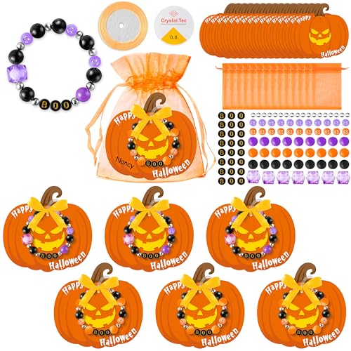 BeYumi Halloween Bracelet Craft Kit - 24 Pack Halloween Boo Letter Beads Friendship Bracelets with Pumpkin Gift Cards DIY Thankful Craft Kit Party School Classroom Party Fun Activities - style: BOO