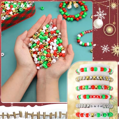 UPINS Christmas Pony Beads, 1200Pcs Red White Green Gold Silver Plastic Beads Christmas Necklace Hair Beads Crafts DIY - color: Christmas