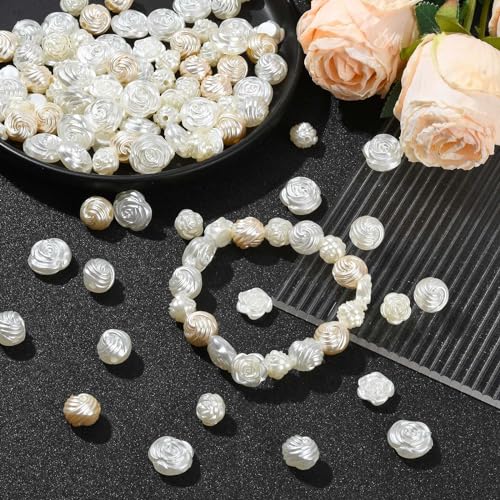 LiQunSweet 200 Pcs 4 Styles Rose Shape ABS Plastic Imitation Pearl Beads Flowers Loose Spacer Beads for DIY Jewelry Crafts Gifts - color: Rose Shape Imitation Pearl Beads_200 Pcs