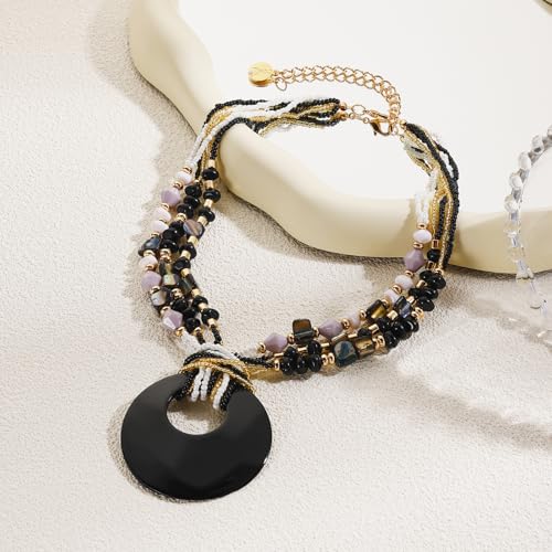 Coiris Shell Pendant Statement Strand Necklace for Women Boho Multi Beads Natural Stone Colorful Necklace Bohemian Handmade Chunky Shell Beaded Collar Jewelry for Women - color: Black