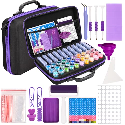MERATIA Diamond Painting Storage Container, Diamond Art Kits for Adults Stackable Bead Organizer with Carrying Handle, Craft Storage Box with Accessories (Purple-10 Square+30 Round Bottles) - color: Purple-10 square+30 round bottles