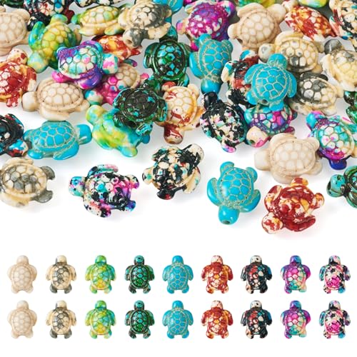 45Pcs Sea Turtle Beads Synthetic Turquoise Dyed Printed Tortoise Beads Ocean Animal Spacer Bead Turtle Carved Gemstone Beads for DIY Crafts Bracelet Necklace Earring Jewelry Making - color: Mixed Color-Turtle