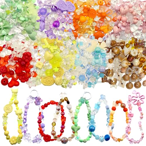 400~500PCS Acrylic Assorted Beads 8 Color Set Aesthetic Kawaii Bead Cute Heart Butterfly Candy Assorted Beads for DIY Crafts Jewelry Making Bracelets Necklaces