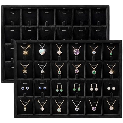 2 Pcs 24 Grid Stackable Jewelry Organizer Tray with Removable Dividers Ice Velvet Jewelry Display Showcase Tray for Necklace Earring Ring Bracelet Holder (Black Velvet) - color: Black Velvet