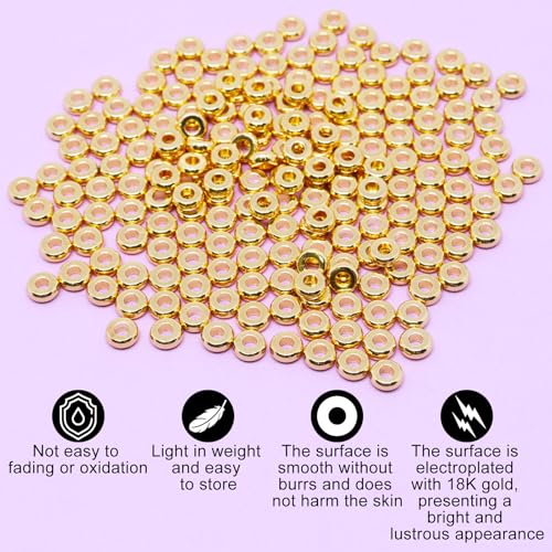 200Pcs 5mm Gold Flat Spacer Beads 18K Gold Plated Loose Beads for Jewelry Making DIY Bracelet Necklace Earring - size: 5mm