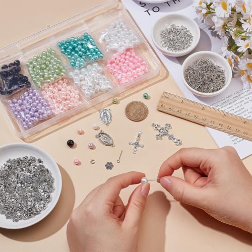 PH PandaHall Rosary Making Kit, 1092pcs 8 Colors Glass Pearl Beads Rosary Prayer Making Supplies First Communion Necklace Set Cross Charms Jewelry Findings for Easter Christmas Necklace Jewelry Making
