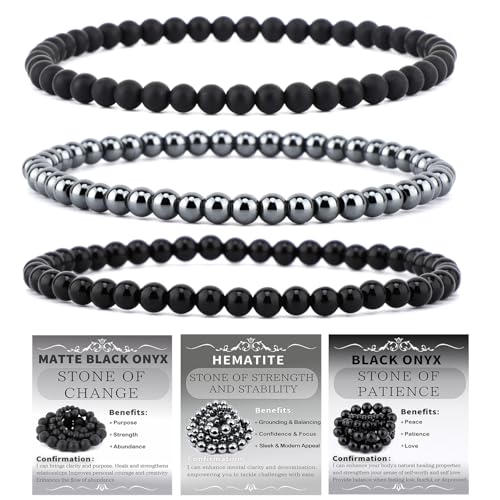 2/3-Pieces 4mm 6mm 8mm Natural Crystal Gemstone – Handmade Reiki Energy Healing Stretch Bracelets Jewelry for Yoga, Meditation, Unisex - color: 3 Pieces (BlackOnyx&Hematite&MatteBlackAgate), size: 4mm