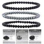 2/3-Pieces 4mm 6mm 8mm Natural Crystal Gemstone – Handmade Reiki Energy Healing Stretch Bracelets Jewelry for Yoga, Meditation, Unisex - color: 3 Pieces (BlackOnyx&Hematite&MatteBlackAgate), size: 4mm