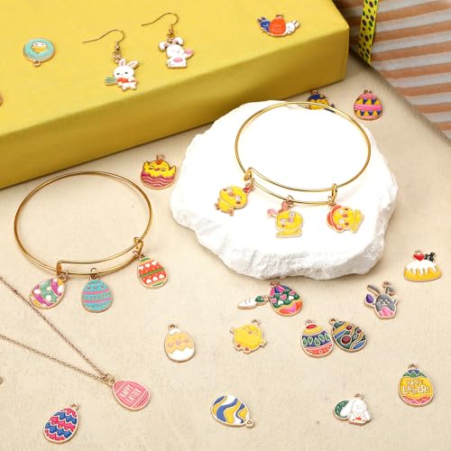 MARFOREVER 120 PCS Easter Charms for Jewelry Making, Assorted Gold Enamel Easter Bunny Egg Rabbit Charms Pendants Easter Spring Charm Bulk for DIY Bracelet Necklace Earrings Making Supplies - style: Easter